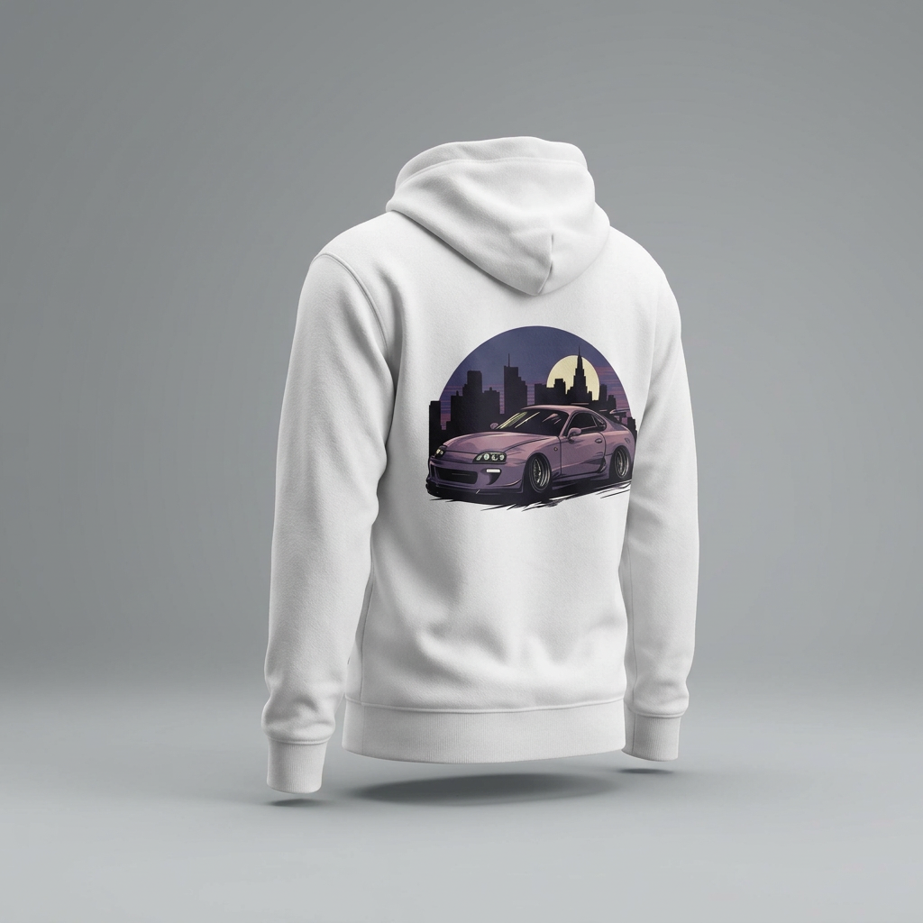 Weißer Hoodie mit Retro-Sportwagen-Print